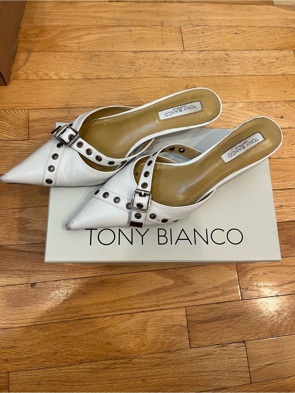 Tony Bianco White Pointed Buckle Mule with Stud Accents (Kelsey Mule)